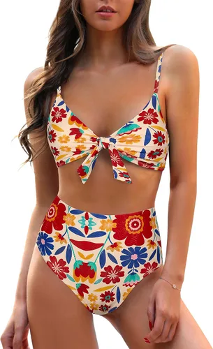 Vista 19 de Blooming Jelly - Conjunto de bikini de cintura alta para mujer, de dos piezas, con nudo, trajes de baño de talle alto Bandera americana A9