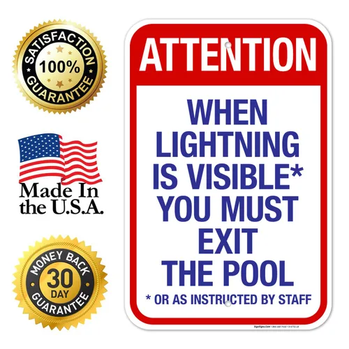 Vista 40 de Letrero con texto en inglés "Attention When Lightning is Visible You Must Exit The Pool - Letrero de piscina, 10 x 14 pulgadas, libre de óxido