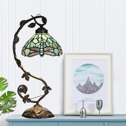Vista 7 de TL0024 Lámpara estilo Tiffany azul mar con libélula, pantalla de vidrio emplomado y base de lámpara de mesa con diseño de vid para dormitorio, sala
