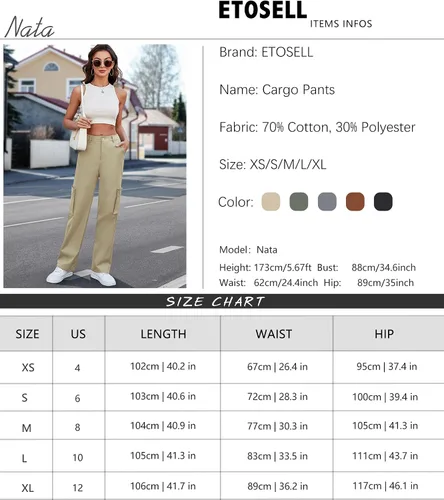 Vista 7 de ETOSELL Pantalones cargo de cintura alta para mujer, pantalones casuales de pierna ancha, elásticos, Y2K Streetwear con 6 bolsillos