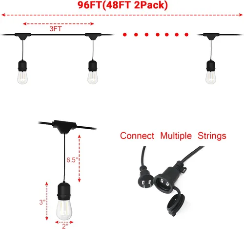 Vista 6 de Guirnalda de luces LED de 96 pies, IP65 impermeable, luces de patio al aire libre con 30 bombillas Edison inastillables, luces colgantes conectables