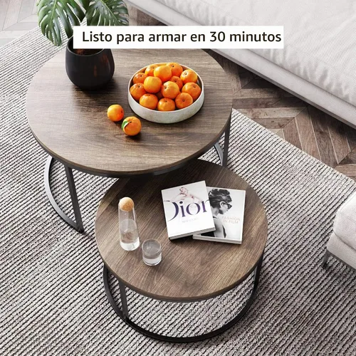 Vista 7 de Nathan James Stella - Juego de 2 mesas de café redondas y modernas, apilables, para sala de estar, con acabado de madera industrial y marco de metal