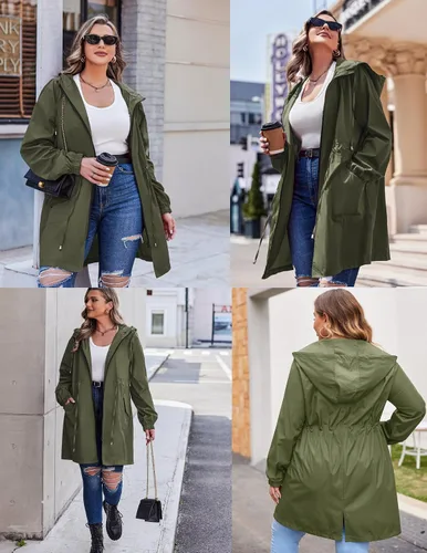 Vista 3 de IN'VOLAND Chaqueta impermeable para mujer, talla grande, impermeable, ligera, con capucha, con bolsillos, para mujer