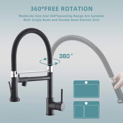 Vista 5 de Grifo de cocina extraíble con rociador, Fapully - Grifo de fregadero de cocina comercial negro primaveral con níquel cepillado
