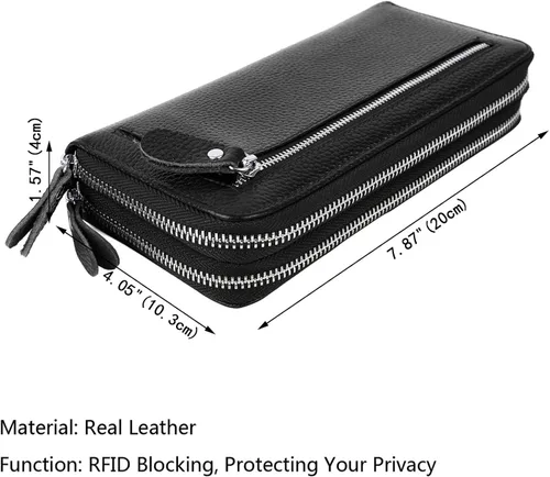 Vista 7 de YALUXE Cartera de cuero para mujer con bloqueo RFID, doble cremallera, tamaño grande, para smartphone