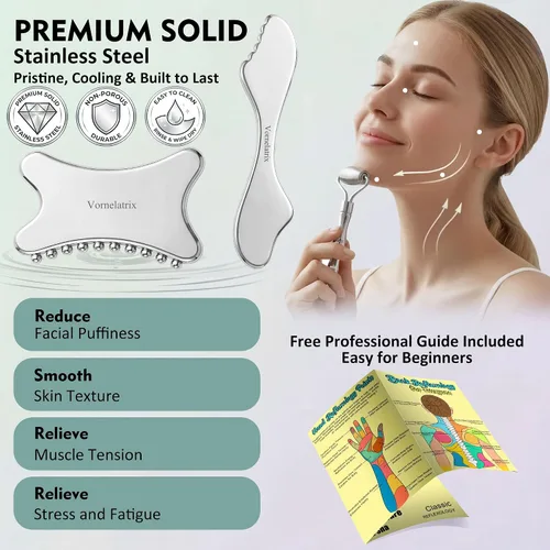 Vista 7 de Juego de rodillo facial de acero inoxidable 3 en 1 y Gua Sha – Herramientas de masaje facial de enfriamiento para esculpir, deshinchar y definir