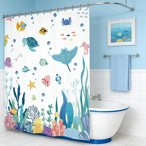 Vista 2 de Cortina de ducha para niños, 60 pulgadas de ancho x 72 pulgadas de largo, linda tortuga corales submarinos para niños y niñas, peces marinos, juego