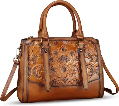 Vista 3 de Bolso de cuero genuino para mujer, bolso de cuero en relieve, bolso con asa superior, bolso hecho a mano, bolso cruzado hobo