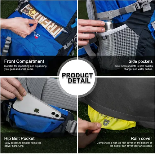 Vista 7 de MOUNTAINTOP Mochila de marco interno de 80L para hombre y mujer Mochila de senderismo con cubierta de lluvia Azul-80L