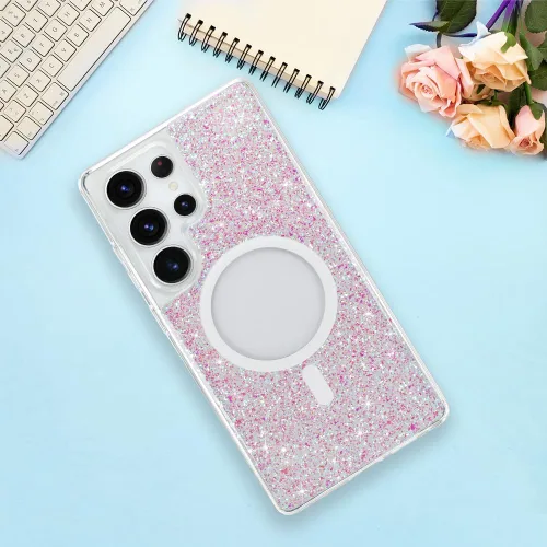 Vista 466 de Bonoma - Funda compatible con Samsung Galaxy S21 Plus, diseño de corazón con purpurina, color rosa Support for MagSafe, Plating Magnetic Case TPU