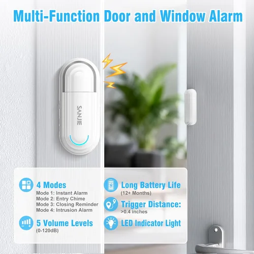 Vista 2 de Alarmas de puerta Sanjie para seguridad de niños/seguridad en el hogar/demencia, alarma de puerta de piscina inalámbrica, 4 modos de funcionamiento
