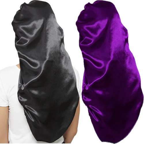 Vista 7 de Wbfwbb - Gorro de seda para mujer, 2 unidades, satén, banda elástica suave, gorro de dormir sedoso, gorro grande para trenzas Negro + Verde