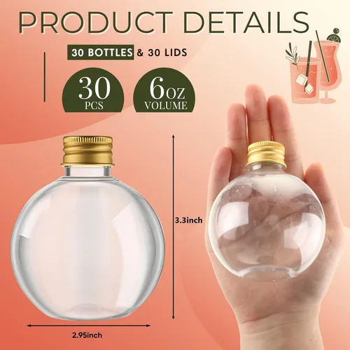 Vista 2 de Jinei - 30 botellas de plástico para poción de 6 onzas, forma de bola, oro, tapa de aluminio Clear Spherical Bottle with Cork, for Sand Art