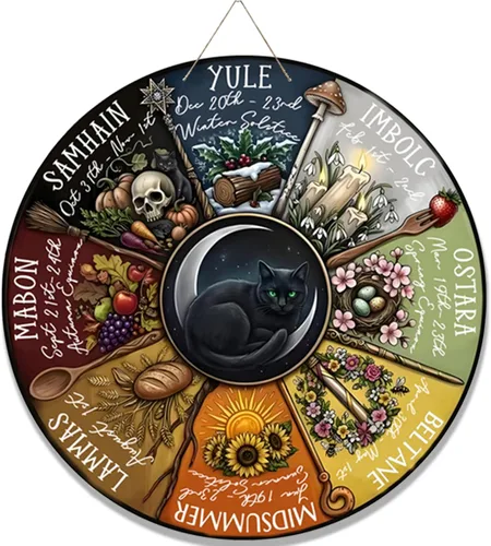 Vista 13 de Rueda del Año - Placa de madera de 30 cm, símbolos paganos de Sabbats, runas de brujas, tabla grabada en madera, vacaciones wiccanas, calendario