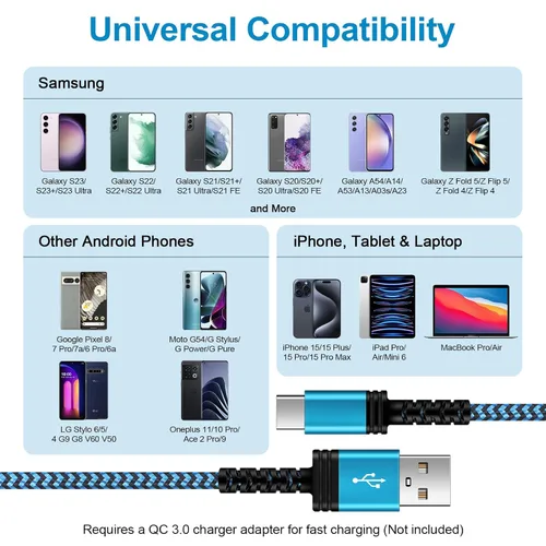 Vista 6 de Cable de carga USB C de 3A de carga rápida, [2 unidades, 6 pies] cable trenzado USB-A a tipo C para iPhone 15 Pro Max Plus, Samsung Galaxy A14 A54