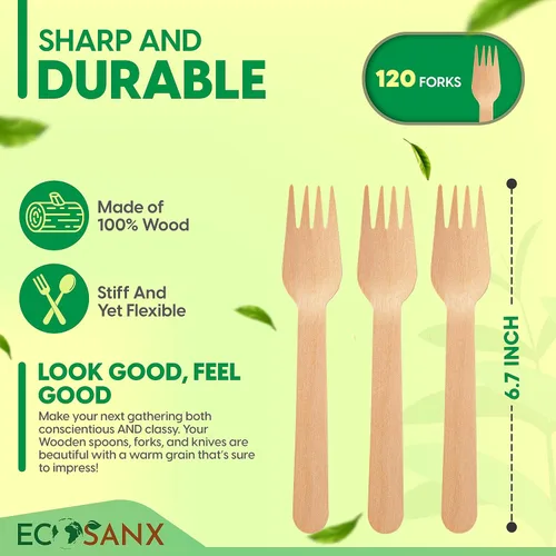 Vista 2 de ECOSANX® 120 piezas de tenedores de madera para comer de 16.5 cm libres de astillas, compostables, juego de cubiertos de madera ecológico
