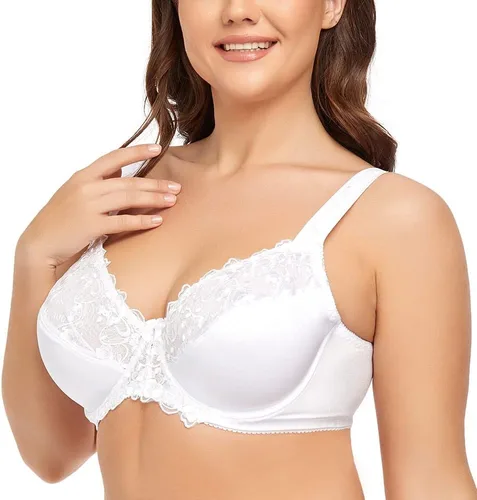 Vista 3 de TELIMUSSTO Brasier con aros de encaje floral de cobertura completa para mujer, talla grande, sin relleno, cómodo