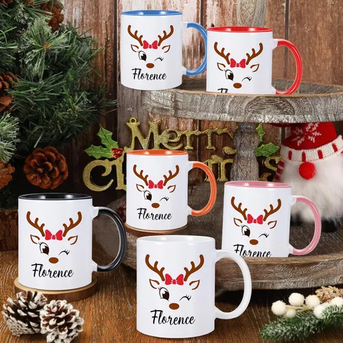 Vista 8 de Tazas de Navidad personalizadas, taza de café de Navidad con renos y nombre, regalos de Navidad para niños, niñas, niños, taza de chocolate caliente