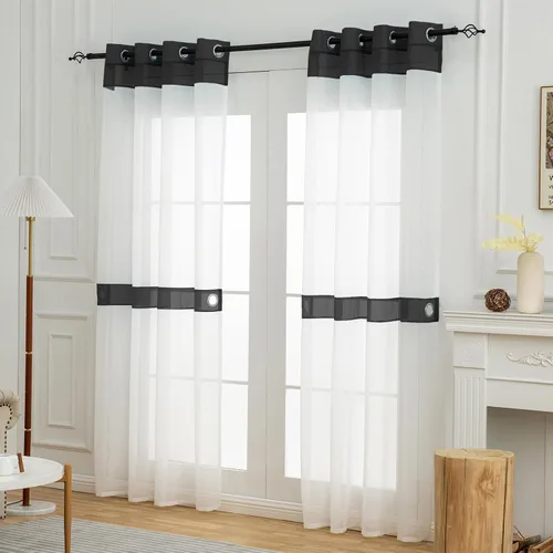 Vista 7 de L.Z.E - Cortinas transparentes blancas y negras de 63 pulgadas de largo, 2 paneles para sala de estar, cortinas elegantes y modernas transparentes