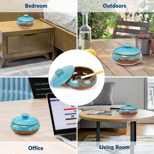 Vista 6 de RONXS Cenicero, cenicero para exteriores para patio con tapa, ceniceros resistentes al viento para cigarrillos, cenicero de cerámica hecho a mano