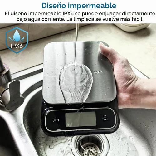 Vista 3 de BOMATA Balanza de cocina impermeable IPX6, precisión alta de 0.1 g/0.01 oz, 5 kg/11 lbs, balanza digital con luz de fondo, plataforma de pesaje
