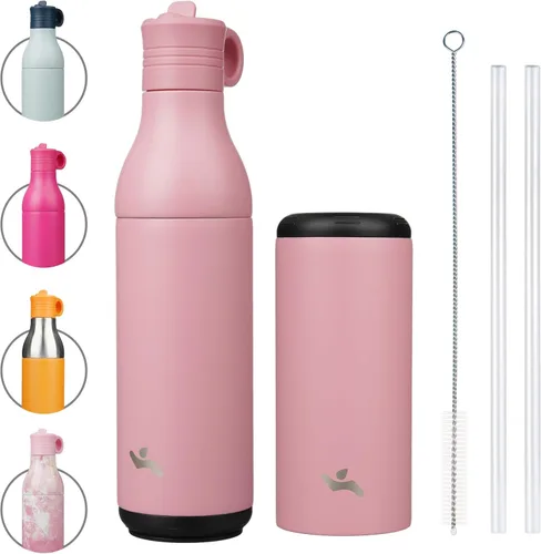 Vista 17 de Konokyo Botella de agua de acero inoxidable de 13 onzas con pajilla, aislada, botella de viaje de metal reutilizable con parte inferior extraíble