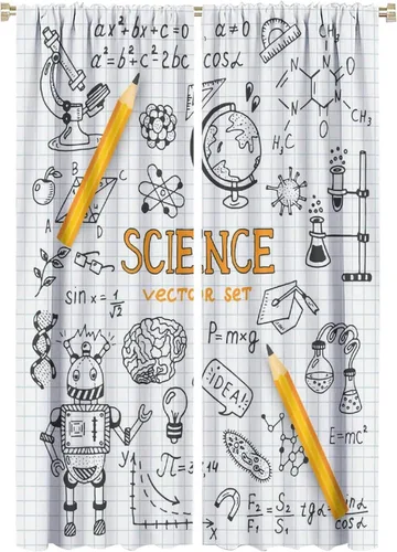 Vista 60 de Cortinas opacas para ventanas de ciencia para niños, lupa de libro de laboratorio de ciencia, lupa, frascos moleculares, cortinas impresas