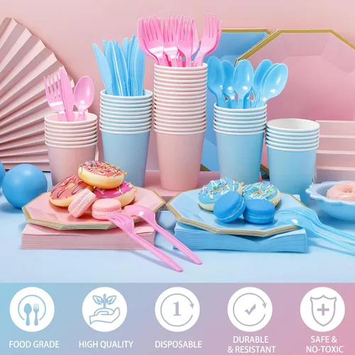 Vista 2 de Nitial 462 piezas de suministros para fiesta de revelación de género, vajilla para baby shower, niños o niñas, platos de revelación de género rosa