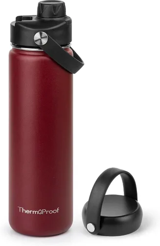 Vista 23 de Botella de agua aislante ThermoProof – Acero inoxidable, boca ancha, tapas abatibles y con boquilla, a prueba de fugas, apta para lavavajillas Ámbar