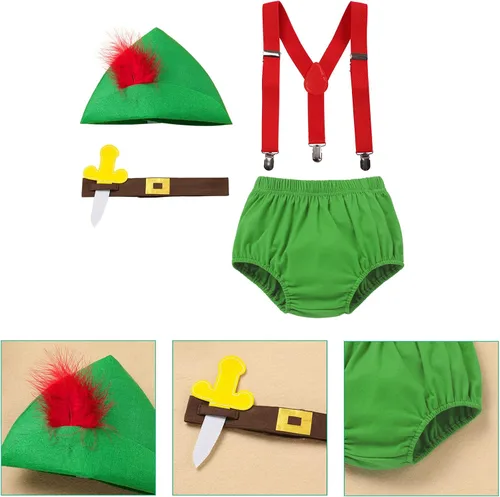 Vista 5 de IBTOM CASTLE Traje de Navidad para bebé niña y niño falda con tirantes sombrero cuello o pantalones corbatín y sombrero de elfo de Papá Noel
