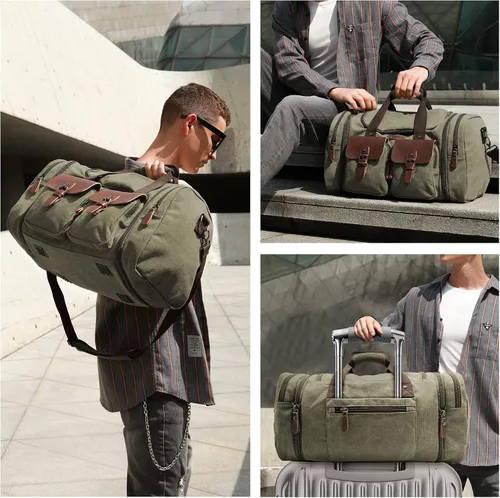 Vista 3 de Wildroad Bolsa de viaje de lona de 50L, bolsa de lona expandible de cuero genuino, bolsa de fin de semana mejorada para una noche, bolsa de mano