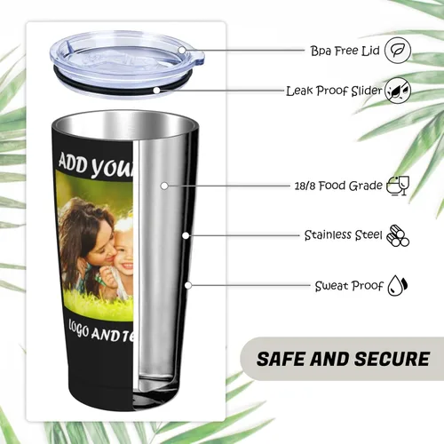 Vista 4 de Vaso de café personalizado con imagen, texto, nombre, logotipo, foto personalizada, vaso de acero inoxidable de 20 onzas con tapa y aislamiento al
