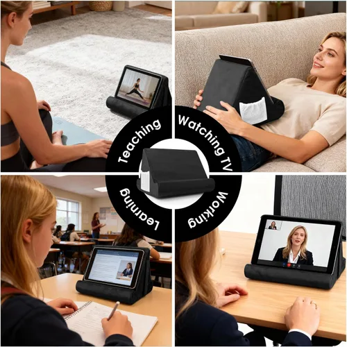 Vista 8 de Soporte universal para cojín para tablet, soporte perezoso multiángulo con bolsillo de red y soporte para teléfono opciones para regazo, rodilla