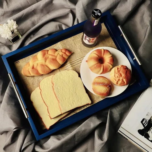 Vista 3 de JJSQYLAN Bandeja de madera para servir con asas, bandeja rectangular de desayuno para mesa de café, bandeja otomana decorativa de 16 x 12 pulgadas