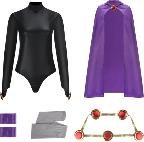 Vista 6 de Disfraz de cuervo para mujer, overol negro con capa morada con capucha, capa y cinturón, traje de Halloween, fiesta de cosplay