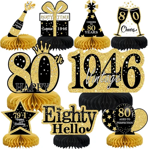 Vista 27 de 9 piezas de decoración de cumpleaños negro dorado 16 centros de mesa de panal para niños y niñas, centros de mesa de feliz cumpleaños 16 Oro negro 16