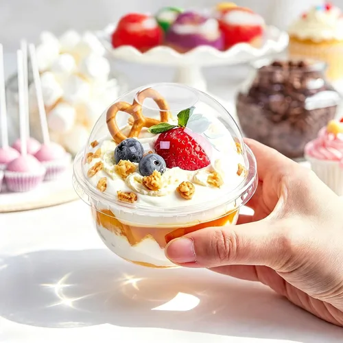 Vista 5 de Zezzxu Paquete de 50 Vasos de Postre de Plástico de 9 oz con Tapas de Cúpula (Sin Agujero) y Sporks, Vasos de Frutas Desechables Transparentes