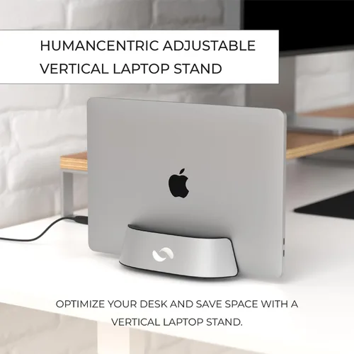 Vista 2 de HumanCentric Soporte vertical para laptop en aluminio plateado, soporte vertical ajustable y base, soporte vertical para laptop compatible