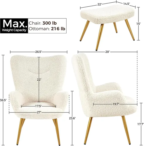 Vista 3 de Yaheetech Juego de silla decorativa y otomana, sillón Sherpa con patas de metal dorado y respaldo alto, reposapiés para sala de estar, salón, Marfil