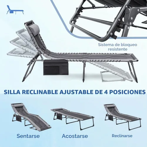 Vista 4 de Devoko - Silla reclinable plegable para exterior acolchada portátil de 4 pliegues, silla lounge resistente con almohada y bolsillo lateral para Gris