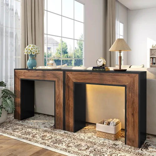 Vista 5 de Mesa de entrada de 41 pulgadas con luz LED, mesa consola de madera de granja detrás del sofá, mesa de sofá rústica estrecha para sala de estar, mesa