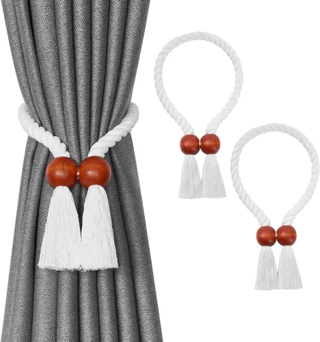 Vista 21 de NICEEC 2 Pack de Alzapaños Magnéticos de Madera en Forma de Cubo Boho para Decoración del Hogar, Alzapaños de Lino Tejidos a Mano para Cortinas Beige