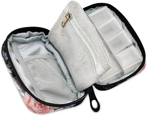 Vista 2 de Naanle Pastillero de acuarela con diseño de calavera y flores de 7 días, bolsa organizadora de píldoras de viaje con cremallera, funda semanal