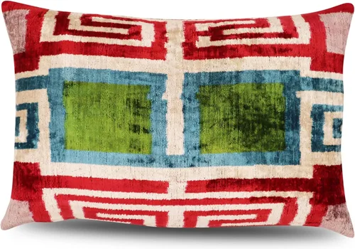 Vista 4 de CANVELLO Almohada de terciopelo de lujo hecha a mano con inserto de plumón, 16 x 24 pulgadas, patrón geométrico rojo, verde, azul y crema, cojín