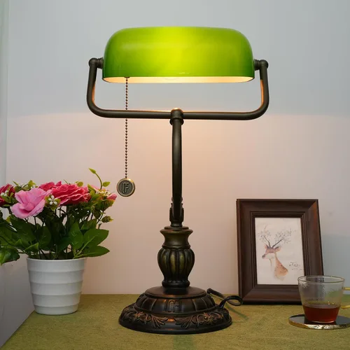 Vista 2 de Green Bankers Desk Lamp W/Pull Chain Switch Tiffany Lamp Stained Glass Shade Desk Light Adjustable Vintage Library Table Lamps for Office Study Room