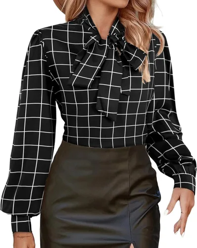Vista 16 de Avanova - Camisas de manga larga abullonada con cuello de lazo para mujer, blusas casuales de trabajo