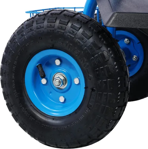 Vista 3 de Patinete con ruedas para carrito de jardín, cuenta con mango de dirección extensible, asiento giratorio y bandeja de herramientas (Azul)