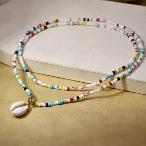 Vista 3 de Cowrie - Gargantilla de concha con cruz colorida para mujer, cadena larga, verano, playa, bohemio, babero Collier Femme, 29.5in, Zinc, No es una