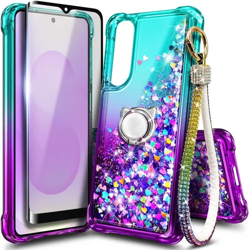 Vista 11 de Funda compatible con Samsung Galaxy S24-FE Aqua/Purple Funda líquida flotante con purpurina linda con protector de pantalla de vidrio templado