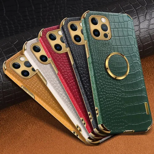 Vista 9 de Guppy Compatible con iPhone 15 Pro Max - Funda protectora de piel de cocodrilo de lujo, borde dorado, rotación de 360 grados para mujer, funda